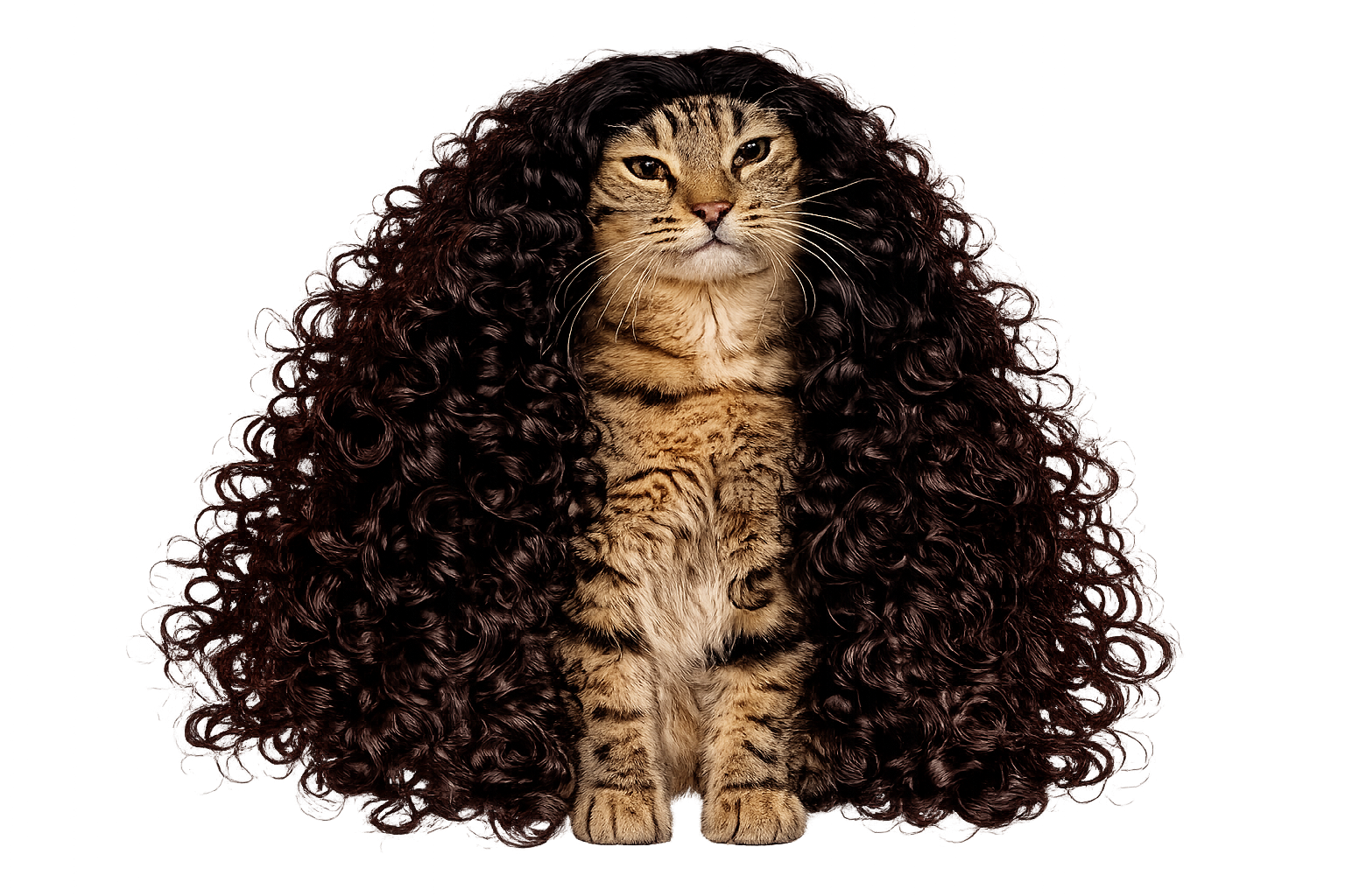 Cucurella Cat — a brown tabby cat wearing a huge curly black wig